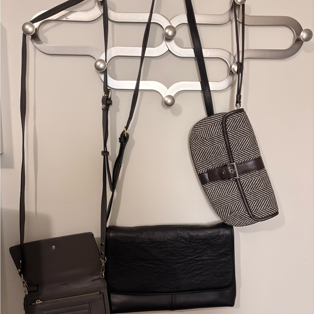 J. Crew (Shoulder bag)/Indigo (Wallet purse)/Banana Republic (Tweed wristlet).